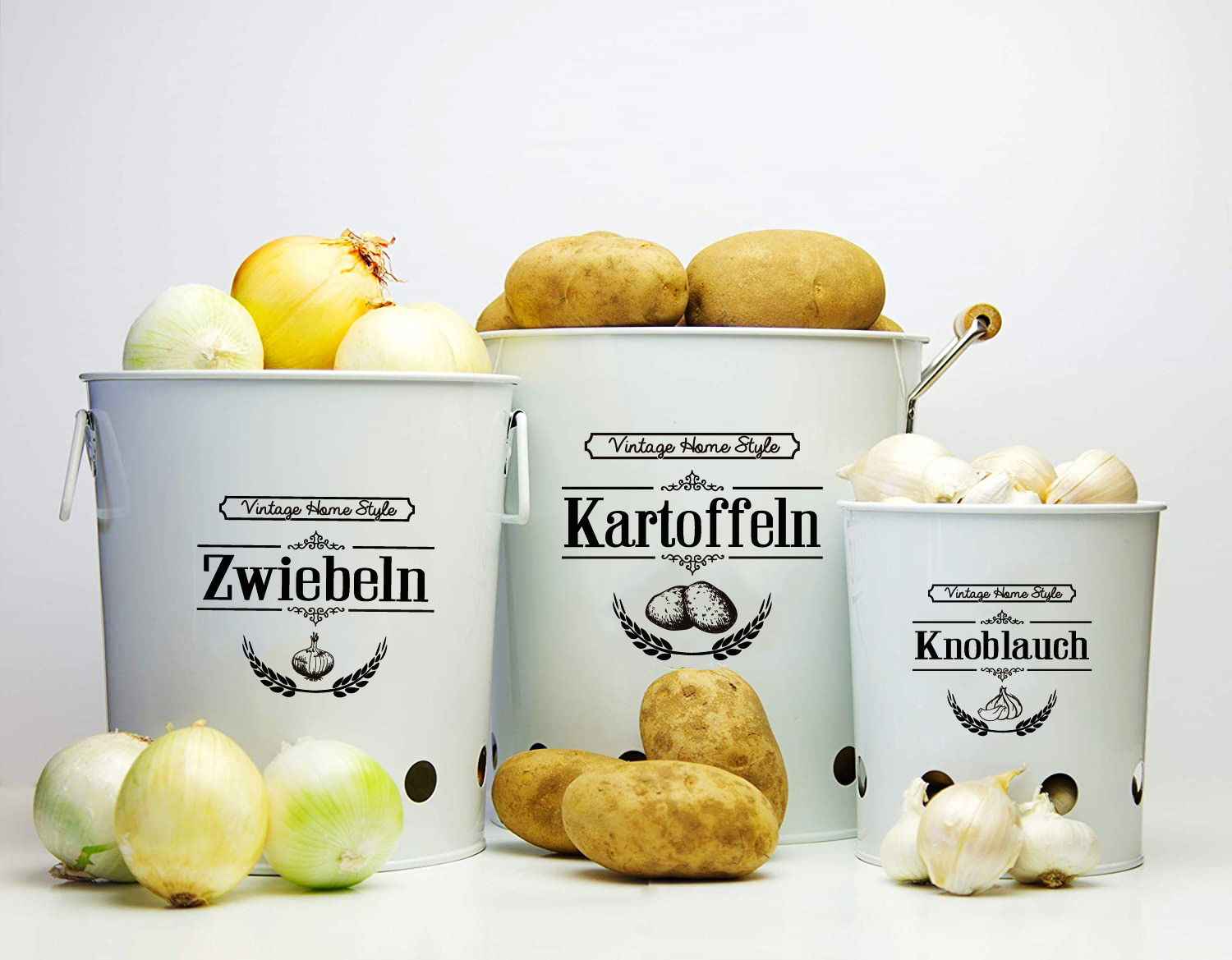 Large potatoes onions & garlic canisters set丨canisters with wooden handle丨white canisters set
